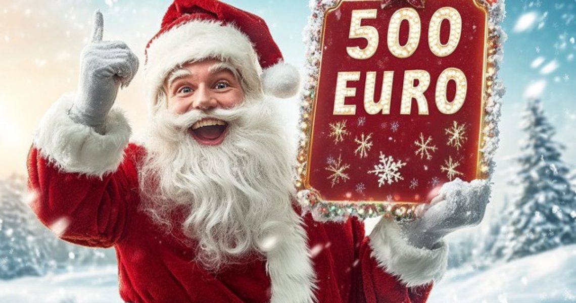 ein Weihnachtsmann freut sich über ihnen gewinn von "500 Euro"